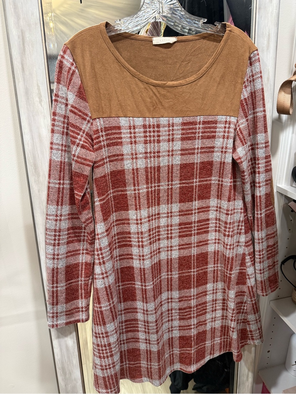 entro Rust and Cream Plaid Long-Sleeve Tunic Dress